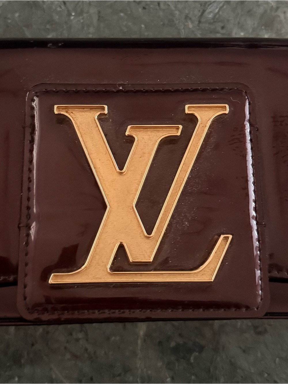 Louis Vuitton Brown Patent Leather Wallet with Gold LV Emblem